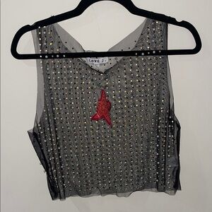 Love J Black Sheer Cropped Tank with Rhinestones and Pearl Accents